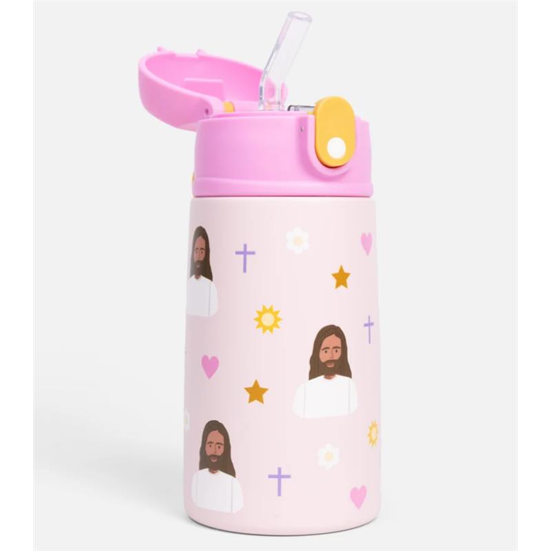 Stainless steel water bottle with pink lid, featuring illustrations of Jesus, hearts, stars, and flowers.