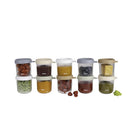 Béaba 10Pk Glass Baby Food Jars with soft silicone airtight lids, showcasing various colorful baby food contents.