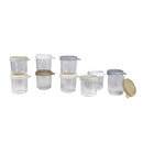 Béaba 10Pk glass baby food jars with soft silicone airtight lids, 8 oz each, in various colors stacked together.