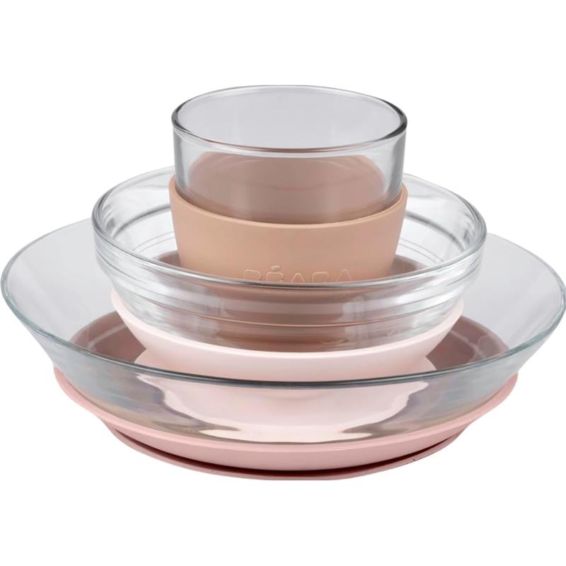 Béaba 3Pk Glass Meal Set in Cotton Candy colors, featuring stacked bowls and a cup with silicone suction base.