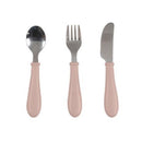Three-piece stainless steel cutlery set from Beaba, featuring a spoon, fork, and knife with pink handles.