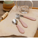 Three-piece stainless steel cutlery set in cotton candy colors, featuring a spoon, fork, and knife with pink handles.