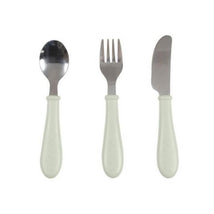 Three-piece stainless steel cutlery set in misty green, including a spoon, fork, and knife with ergonomic handles.