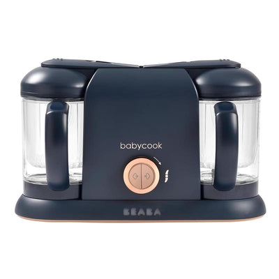Beaba Babycook Duo 4 in 1 Baby Food Maker in Midnight color, featuring dual glass bowls and a control knob.