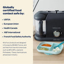 Beaba Babycook Duo 4 in 1 Baby Food Maker in Midnight color, with a bowl of pureed baby food beside it.