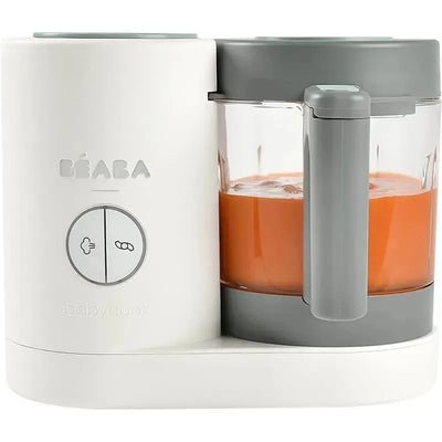 Beaba Babycook Neo baby food maker in cloud color, featuring a glass bowl with orange puree and control buttons.