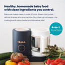 Beaba Babycook Neo baby food maker in dark blue and white, surrounded by fresh vegetables including tomatoes and zucchini, highlights its 4-in-1 function.