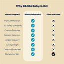 Comparison chart highlighting features of the Beaba Babycook Neo against other baby food makers, with checkmarks for its advantages.
