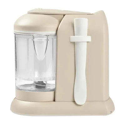 Beaba Babycook Solo 4 in 1 baby food maker in oat color, featuring a clear bowl and white mixing blade.