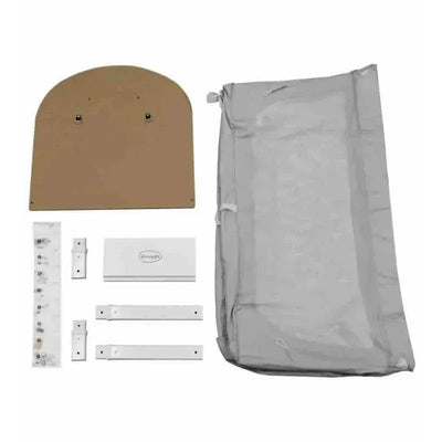 Beaba By Shnuggle Air full-size crib conversion kit in dove grey, including wooden backrest, metal brackets, and hardware.