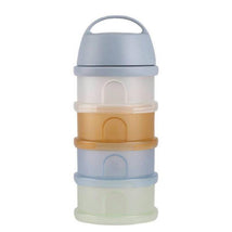 Translucent Beaba Formula Snack Container stacked with four compartments in pastel colors, featuring a top handle.