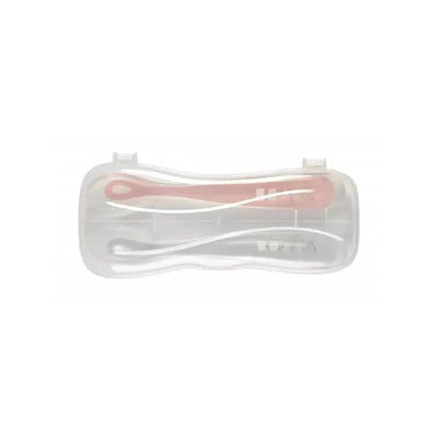Two silicone spoons in a transparent travel case, featuring cloud and rose colors, designed for baby feeding.