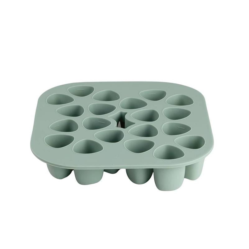 Béaba Silicone Mini Multiportion Tray in sage green, featuring 16 individual portion cups for easy food storage.