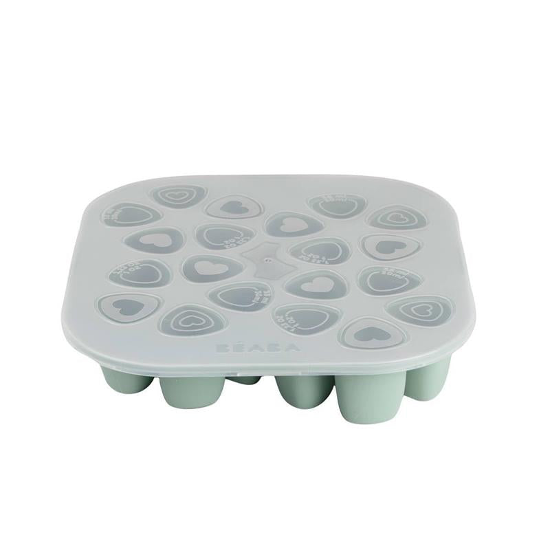 Silicone mini multiportion tray in sage green, featuring heart-shaped compartments for freezing baby food.
