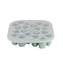 Silicone mini multiportion tray in sage green, featuring heart-shaped compartments for freezing baby food.