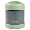 Stainless steel insulated food jar by Beaba in sage green, designed to keep food warm or cold.