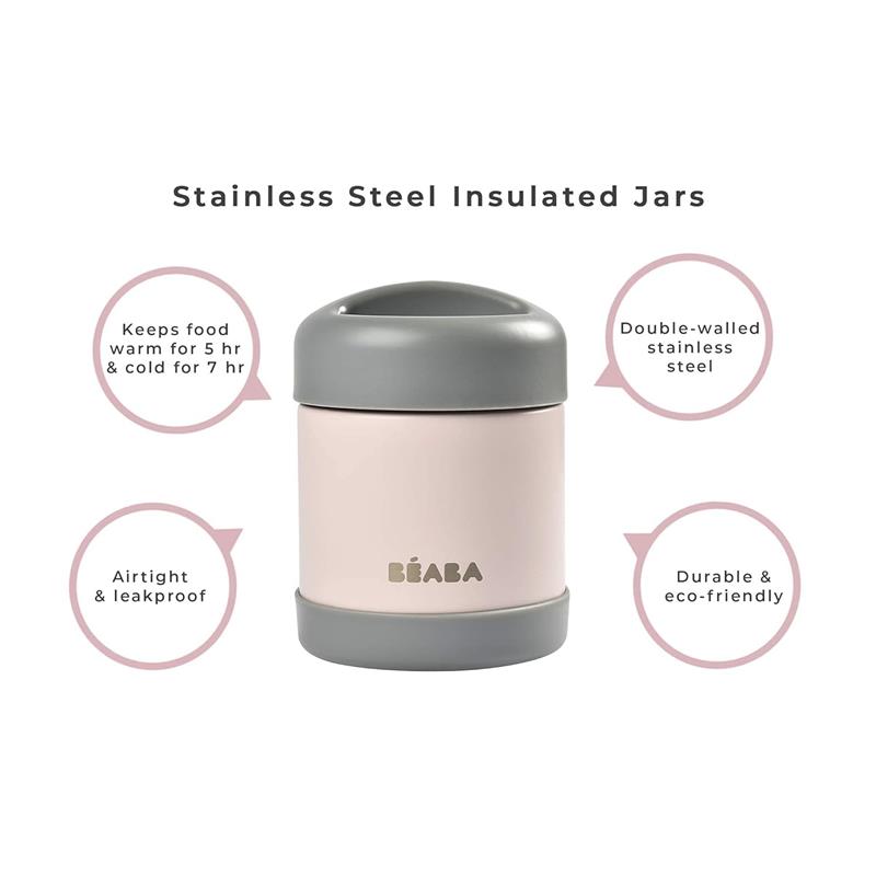 Beaba Stainless Steel Insulated Food Jar in sage, 10 oz, with features: keeps food warm for 5 hours, cold for 7 hours, airtight, and leakproof.