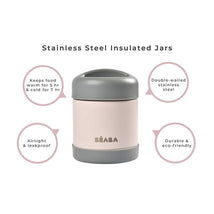 Beaba Stainless Steel Insulated Food Jar in sage, 10 oz, with features: keeps food warm for 5 hours, cold for 7 hours, airtight, and leakproof.