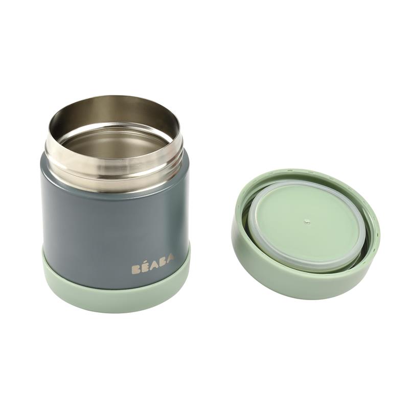 Beaba 10 oz stainless steel insulated food jar in sage color, with a removable lid beside it.