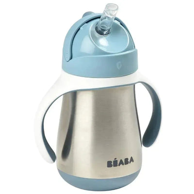 Stainless steel straw sippy cup with handles in blue and silver, featuring the Beaba logo.