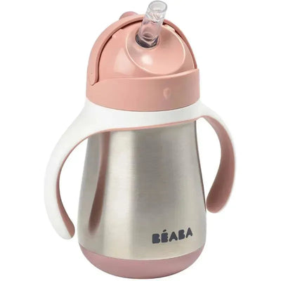 Stainless steel straw sippy cup by Béaba in rose color, featuring dual ergonomic handles and a transparent straw.