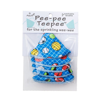 Washable pee-pee teepees in a pack of five, featuring colorful sports ball designs on a blue background.