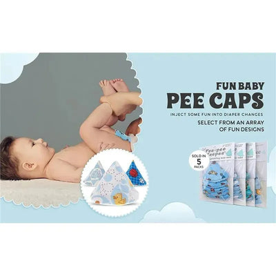 Beba Bean Pee-Pee Teepees in fun designs, displayed with diapers, for keeping baby dry during diaper changes.