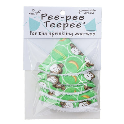 Pee-Pee Teepee set in a cellophane bag featuring five green triangle-shaped covers with monkey designs for protecting during diaper changes.