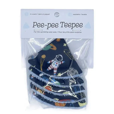 Pee-Pee Teepee set in a blue space-themed design, featuring rockets and planets, packaged for newborns.