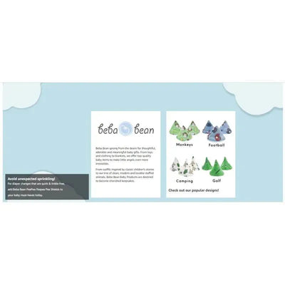 Beba Bean Pee-Pee Teepee Space Cello Bag in blue, displaying various fun designs for baby gift items.