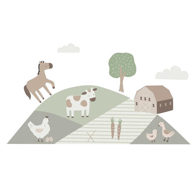 Farm-themed wall decals featuring a horse, cow, barn, chickens, and carrots on a tranquil landscape.