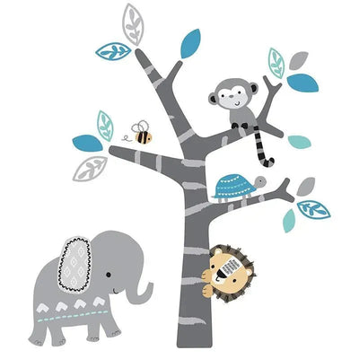 Jungle-themed wall decals featuring a gray elephant, monkey, lion, turtle, and colorful leaves on a tree.