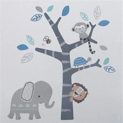 Colorful wall decals featuring a tree with a monkey, turtle, elephant, and lion, designed for nursery decor.
