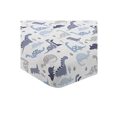 Dinosaur-themed crib sheet featuring playful blue and gray dinosaurs on a white background.