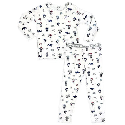 Long sleeve shirt and pants pajama set for baby boys, featuring pirate-themed designs on a white background.