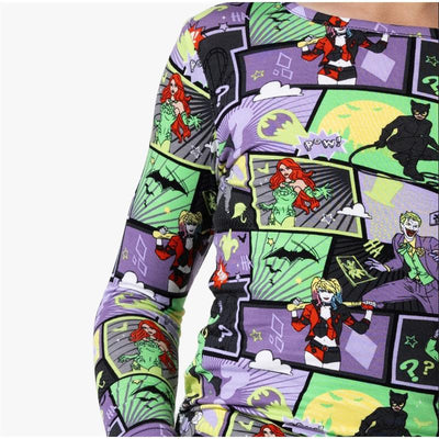 Bamboo kids pajamas featuring Batman Baddies design with colorful comic-style prints of villains and heroic action phrases.