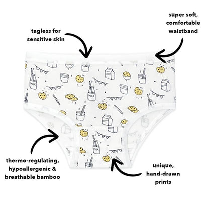 Bamboo underwear for girls, featuring a tagless design, soft waistband, and unique hand-drawn prints of milk and cookies.