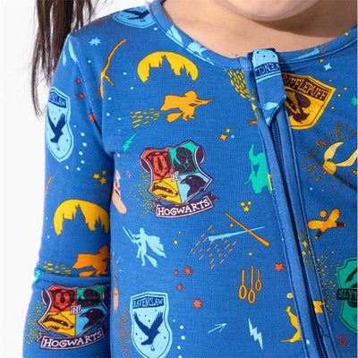 Bamboo adult robe featuring colorful Harry Potter house symbols and magical designs on a blue background.