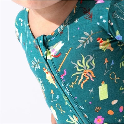 Bamboo convertible footie featuring colorful Harry Potter-themed mandrakes and herbs design.