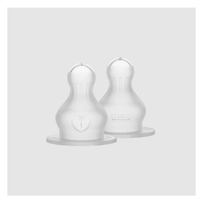 Silicone bottle nipples from Bibs, featuring a heart design and a clear finish, sold in a pack of two.