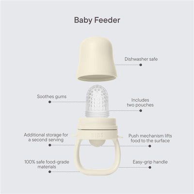 Baby feeder in Fossil Grey with soft silicone tip, easy-grip handle, dishwasher safe, includes two pouches, and soothes gums.