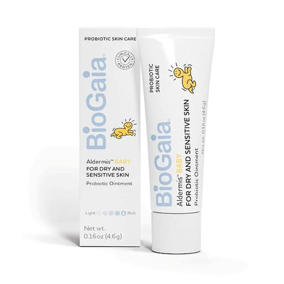 Biogaia Aldermis Baby probiotic ointment for dry and sensitive skin, with packaging and product description visible.