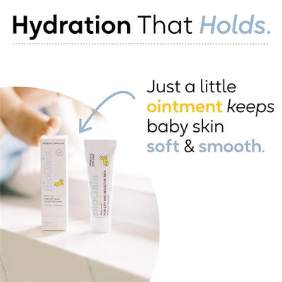 Biogaia Aldermis Baby ointment for dry and sensitive skin on a surface with a baby’s foot in the background.