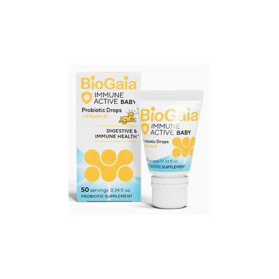 Biogaia Immune Active Baby Drops, probiotic supplement for infants, promoting gut and immune health. 10 mL, 0-36 months.