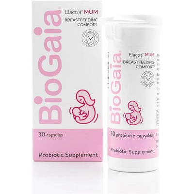 Biogaia Elactia Breastfeeding Probiotic, featuring a white container with pink accents, contains 30 capsules.