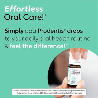 Biogaia Prodentis Baby Drops bottle with a hand holding it, promoting effortless oral care for gums and teeth.