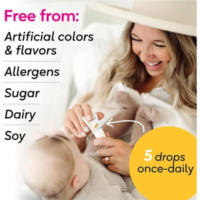 Biogaia Protectis Baby Drops 5ml being administered by a smiling woman to a baby, highlighting its daily dosage and allergen-free benefits.