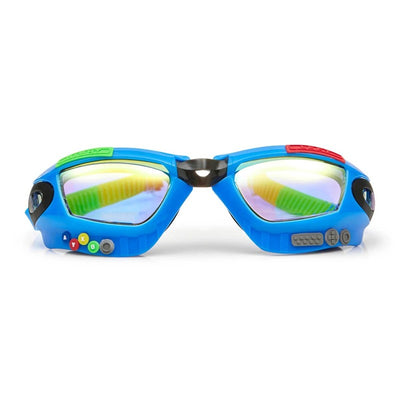 Bright blue swim goggles designed for kids, featuring colorful console-like buttons and mirrored lenses.