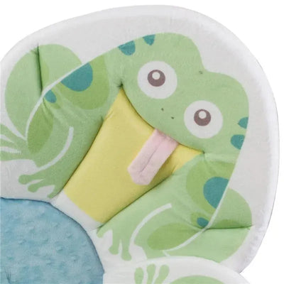 Frog-themed baby bath mat featuring a smiling frog design with a yellow tongue and soft, padded surfaces.