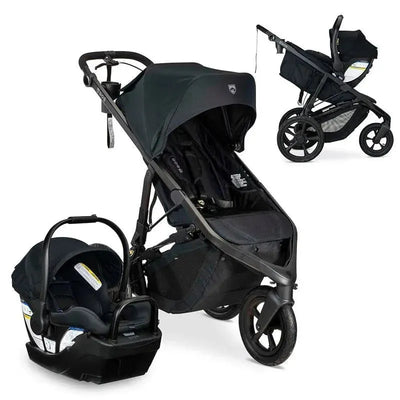 BOB Gear Wayfinder Travel System featuring a black infant car seat and matching stroller, showcasing a sleek design and functional details.